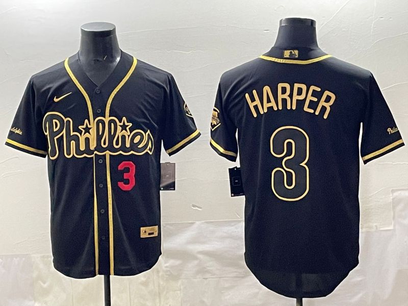Men 2025 Philadelphia Phillies 3 Harper Black Gold Throwback Nike MLB Jersey style 003